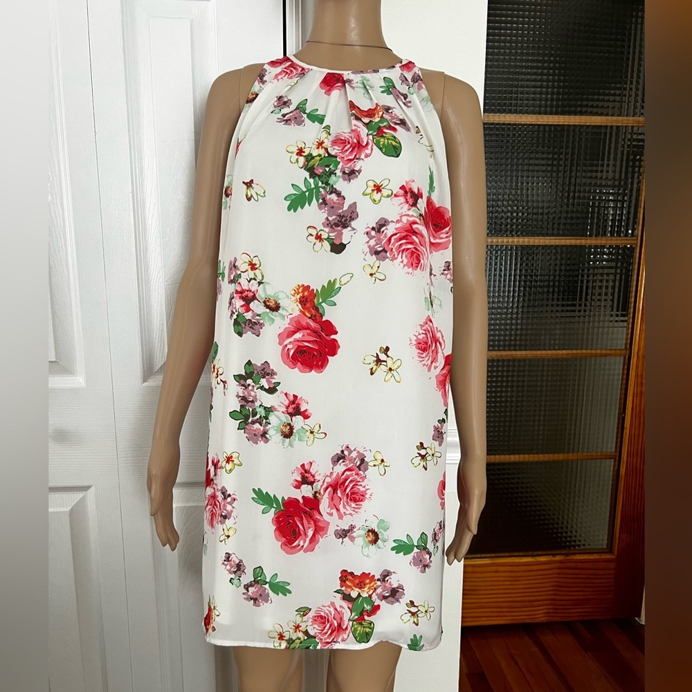 NWOT SHE + SKY Floral Sleeveless Dress - White with Reds and shades of Pink